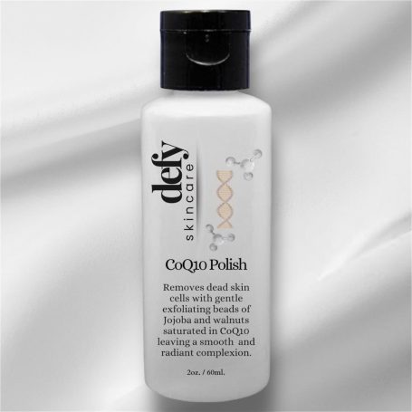 Bottle of Defy C-Q10 Polish for skin exfoliation, enhancing texture and complexion.