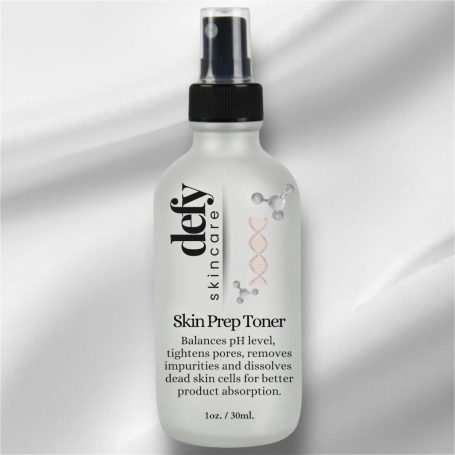 Bottle of Defy Skincare Skin Prep Toner for balancing pH and enhancing product absorption.