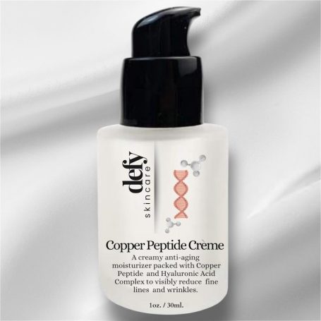 Copper Peptide Creme moisturizer in a clear bottle with a black pump, promoting anti-aging benefits.